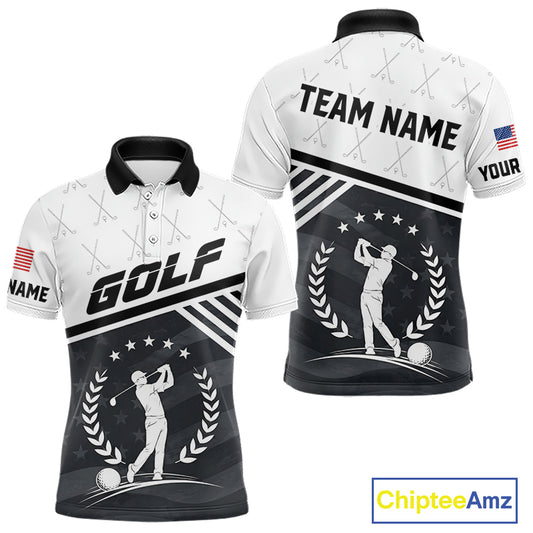 Mens golf polo shirt black white golf player pattern - front and back view, custom name available