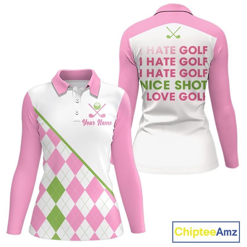 front and back view funny golf slogan pink argyle long sleeve womens golf polo shirt