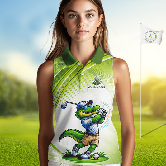 Funny White And Green Alligator Sleeveless Golf Polo Shirts For Women Custom Team Alligator Golf Outfit, Golfer Gifts NBT508