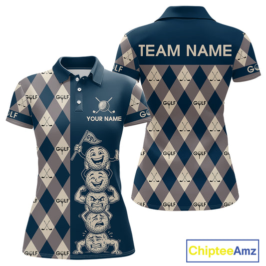 Funny Golf Ball Womens Golf Polo Shirts Custom Blue Argyle Pattern Golf Attire For Ladies, Golfer Gifts NBT627