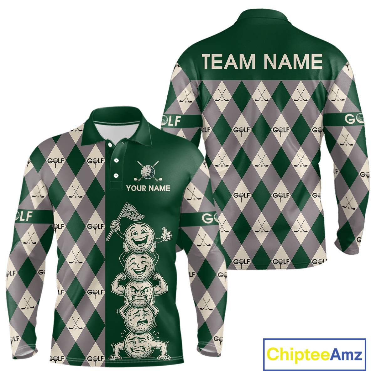 Funny Golf Ball Mens Golf Polo Shirts Custom Green Argyle Pattern Golf Attire For Men, Golfer Gifts NBT628