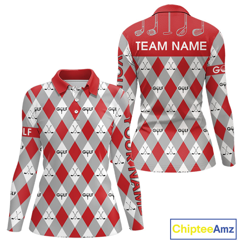 Red Argyle Plaid Pattern Womens Golf Polo Shirts Custom Golf Attire For Ladies, Team Golf Shirt NBT638