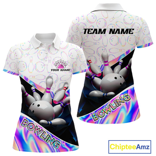 Front and back view of custom neon cosmic women’s bowling team polo shirt