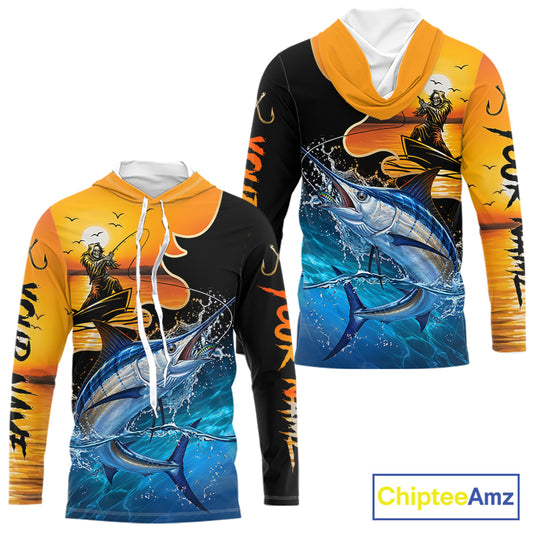 Marlin long sleeve hooded fishing shirt with fishing reaper design
Man wearing a colorful marlin fishing shirt on a boat