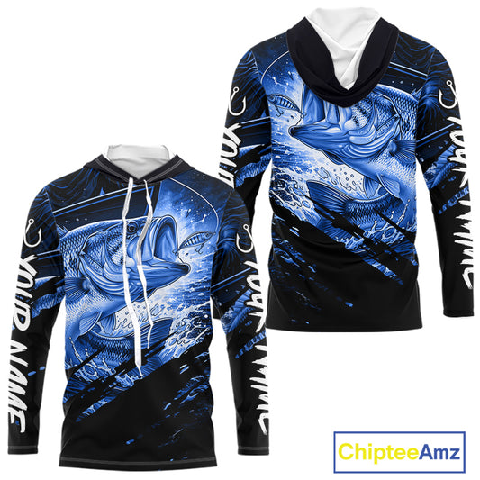 Blue and black long sleeve hooded fishing shirt with largemouth bass fish design on a white background