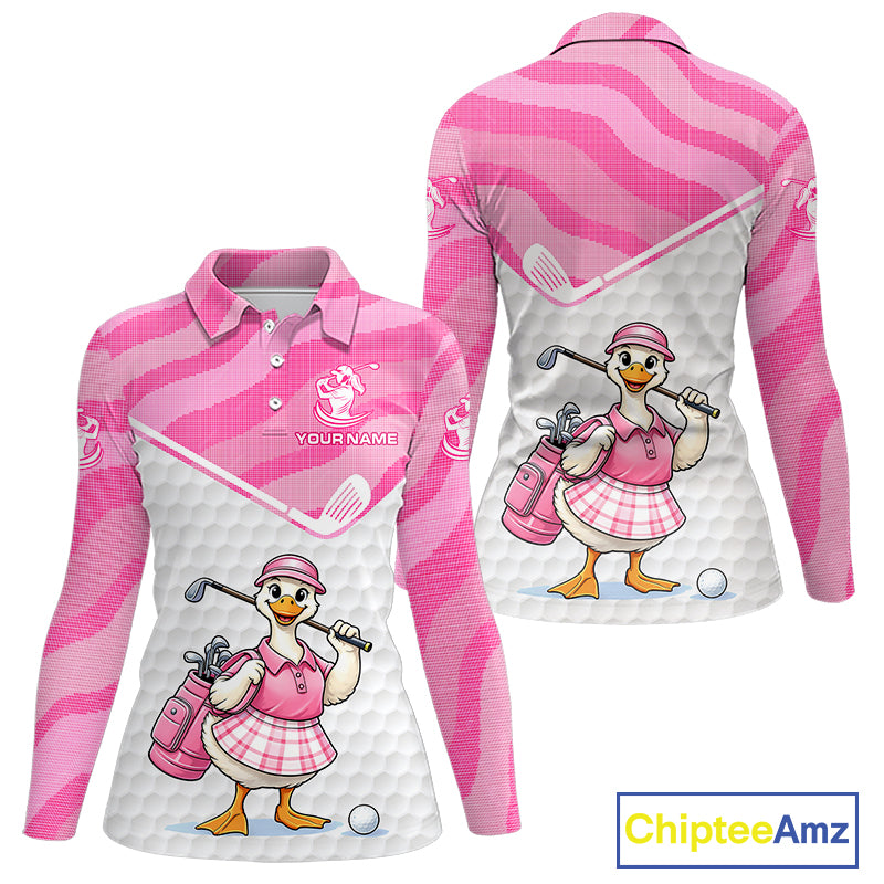 Pink Zebra Pattern Funny Duck Womens Golf Polo Shirts, Cute Duck Golfer, Sporty Animal Golf Gift NBT658
