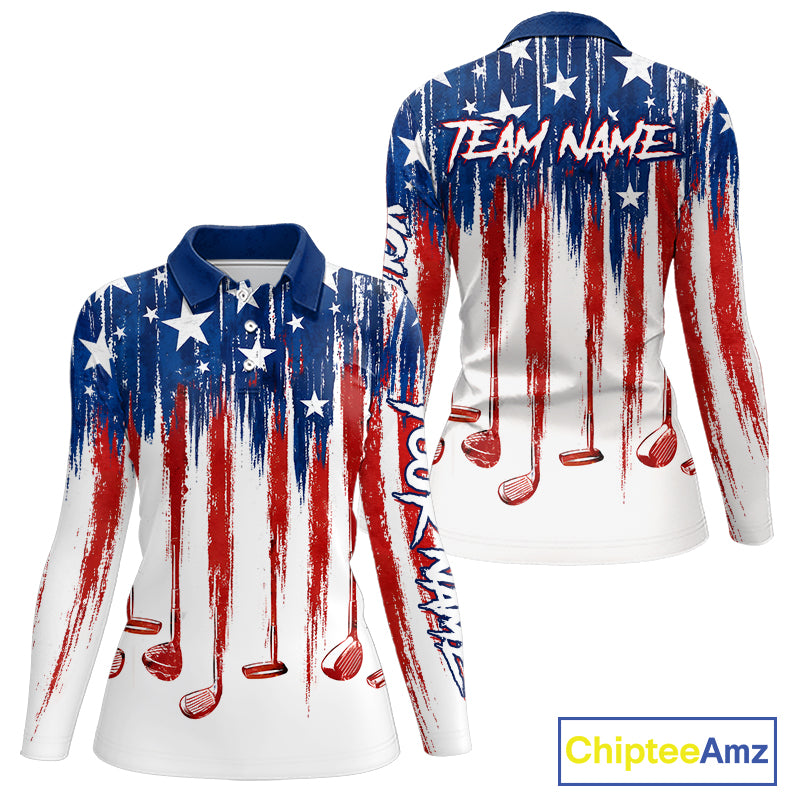 Personalized American Flag Golf White Womens Golf Polo Shirts Custom Name Golf Gifts For Ladies NBT659