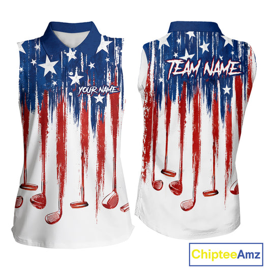 Personalized American Flag Golf White Womens Sleeveless Golf Polo Shirts Custom Name Golf Gifts For Ladies NBT659