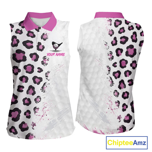 White sleeveless shirt with pink and black leopard print pattern, front and back view