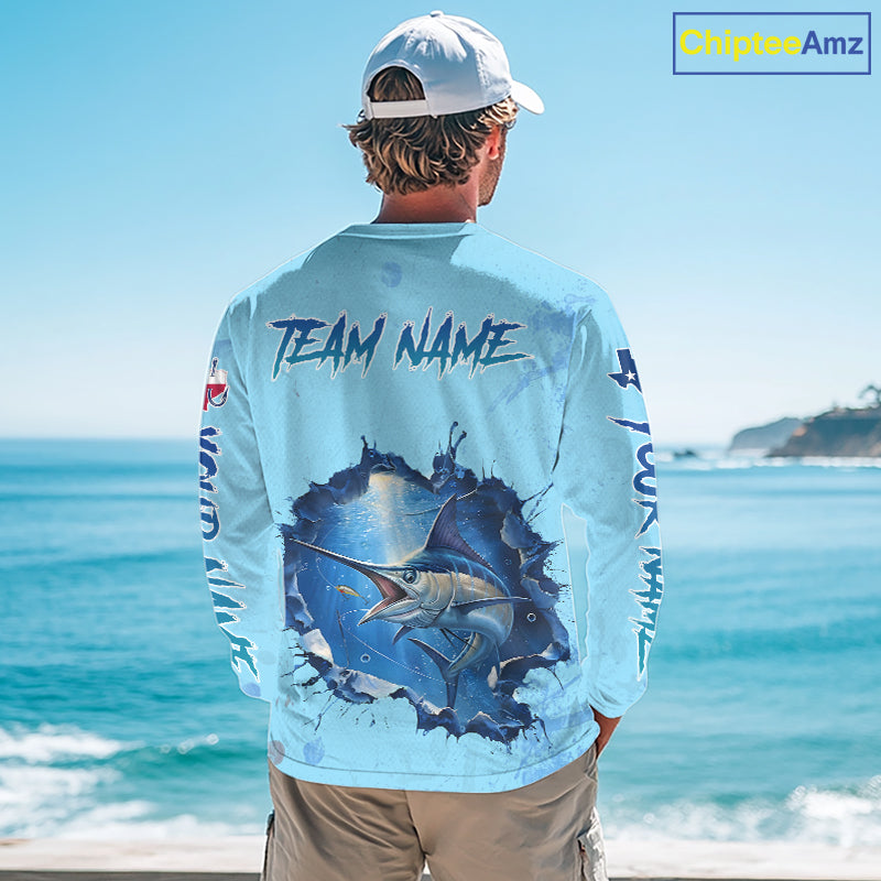 Custom Marlin Fishing Long Sleeve Tournament Shirts, Marlin Saltwater Fishing Apparel | Blue NBT688