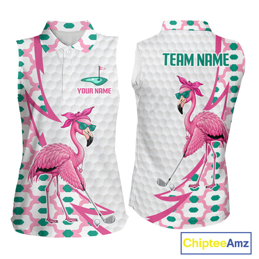 Funny Flamingo Pink Pattern Womens Sleeveless Golf Polo Shirt Golf Outfit Custom Name, Flamingo Golf Shirts NBT779