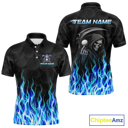 Front and back view of custom Blue Flame Reaper golf polo shirt with personalized name