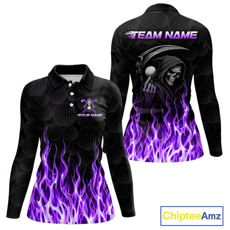 Custom Purple Flame Reaper Golf Ball Pattern Womens Golf Polo Shirts Black Tournament Golf Team Shirts, Golf Outfit NBT876