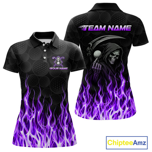 Custom Purple Flame Reaper Golf Ball Pattern Womens Golf Polo Shirts Black Tournament Golf Team Shirts, Golf Outfit NBT876