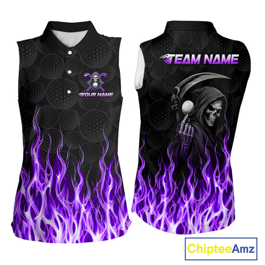 Custom Purple Flame Reaper Golf Ball Pattern Womens Sleeveless Tournament Golf Polo Shirts Black Golf Team Shirts, Golf Outfit NBT876