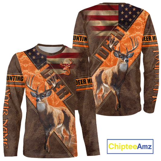 Whitetail Deer Hunting Leather Pattern Custom Name Shirt 3D All Over Printed Clothes, Hunting Gifts NBT90
