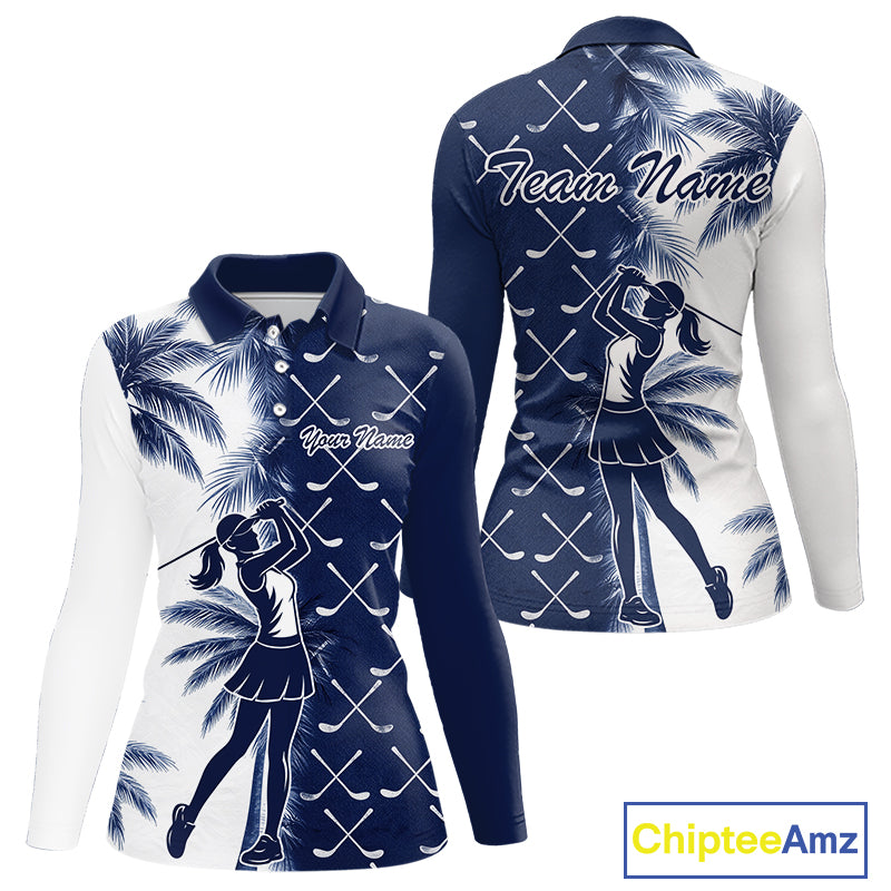 Blue Tropical Palm Trees Golf Club Pattern Womens Golf Polo Shirts Custom Team Golf Shirt NBT567