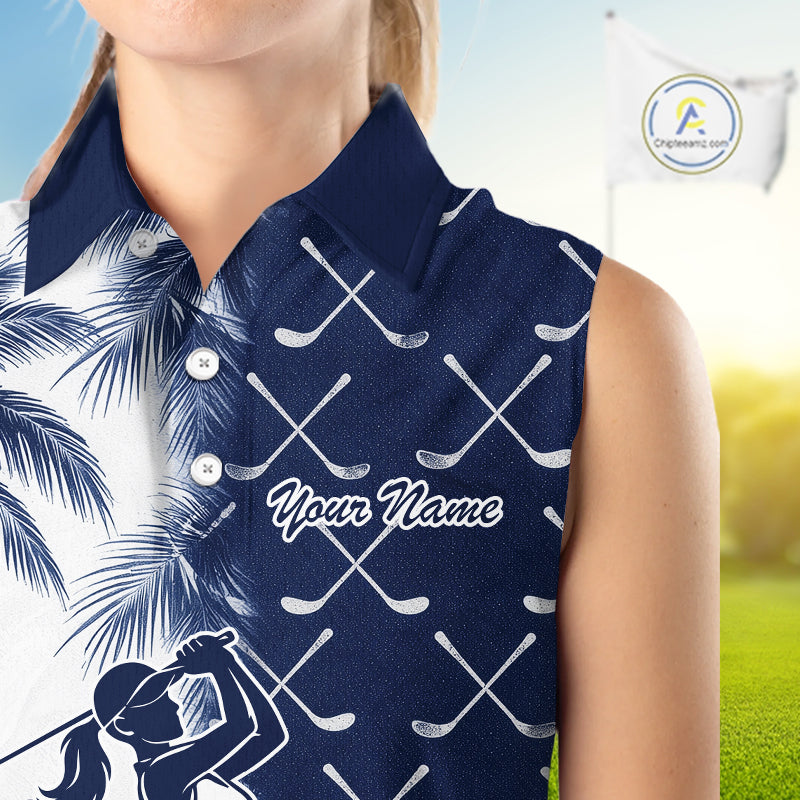 Blue Tropical Palm Trees Golf Club Pattern Womens Sleeveless Golf Polo Shirts Custom Team Golf Shirt NBT567