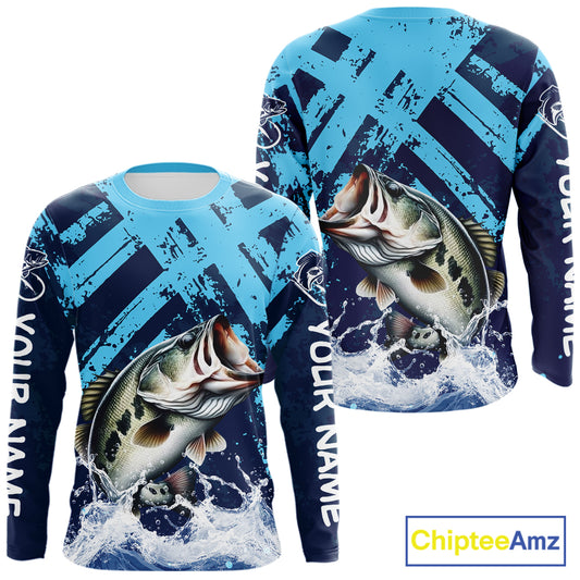 Bass Fishing Blue Camo Long Sleeve Fishing Shirts UV Protection, Bass Fishing Jerseys NBT460