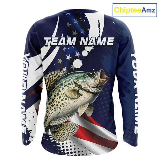 Crappie Fishing American Flag Custom Long Sleeve Tournament Fishing Shirts, Patriotic Crappie Fishing Jerseys NBT719