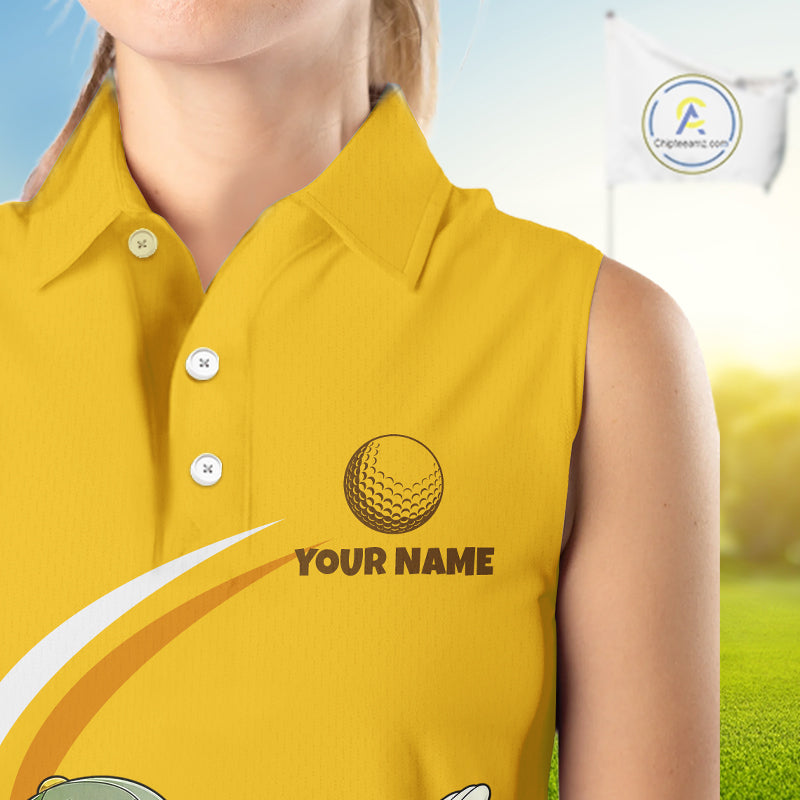 Yellow Funny Golf Ball Custom Team Polo Shirt, Personalized Womens Sleeveless Golf Polo Shirt, Golf Lovers Gift NBT606