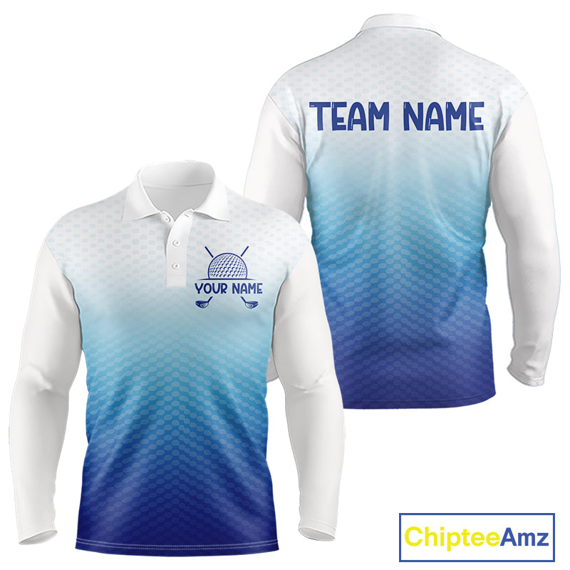 Blue White Mens Polo Golf Shirts Custom Name Golf Shirt For Men, Golf Team Clothes NBT504