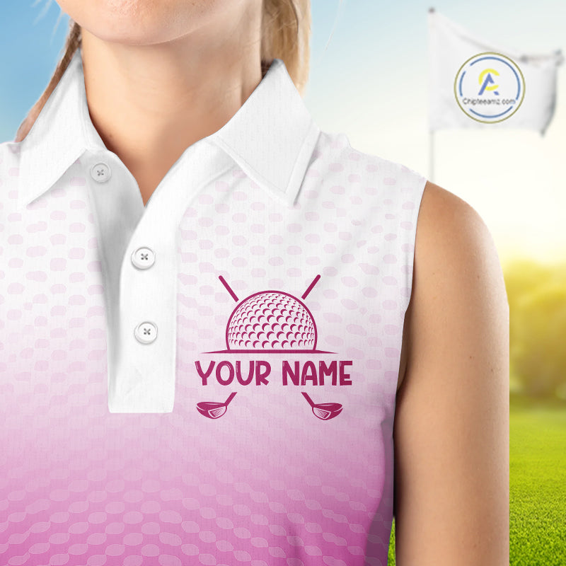 Pink White Womens Sleeveless Polo Golf Shirts Custom Name Golf Shirt For Women, Golf Team Clothes NBT505