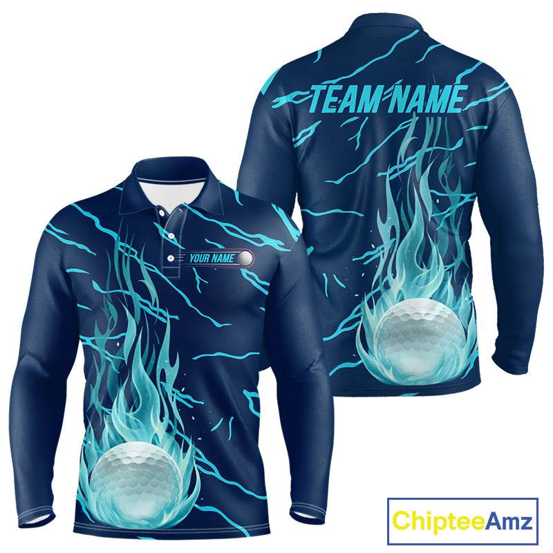 Golf balls blue flame pattern mens long sleeve golf polo shirt - back view