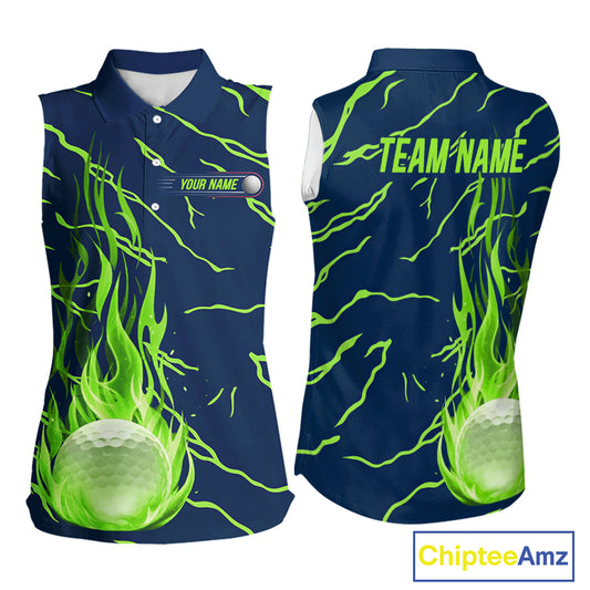 back view of green flame pattern womens sleeveless golf polo matching golf outfit