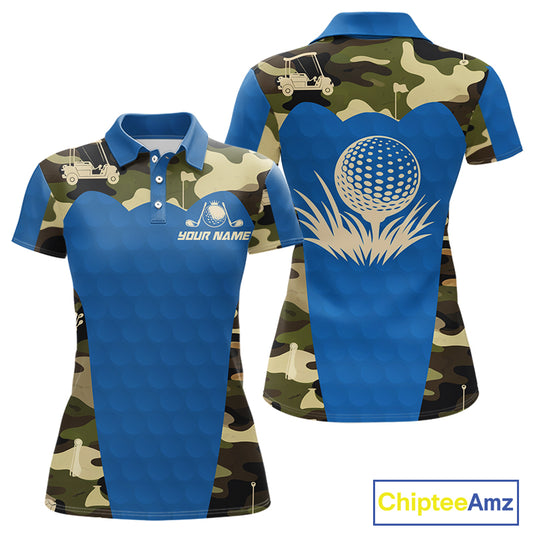Blue Camo Womens Golf Polo Shirts Custom Golf Outfit For Ladies, Team Golf Shirts NBT632