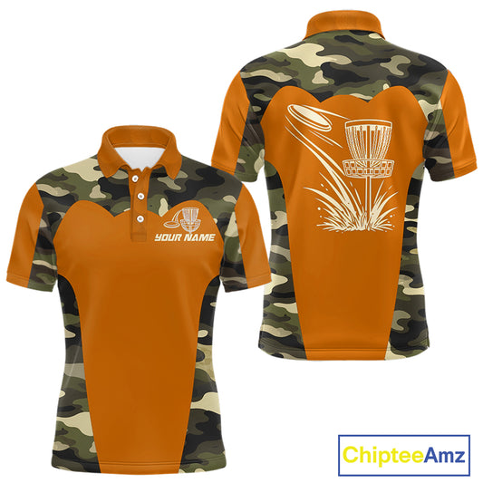 Mens Disc Golf Polo Shirt Custom Name Camo Disc Golf Basket, Personalized Disc Golf Shirts|Orange NBT644