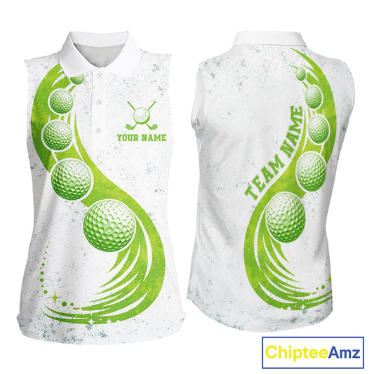 Womens Sleeveless Golf Polo Shirt Green Golf Ball Pattern Custom Name White Golf Shirts, Golf Gifts For Ladies NBT536