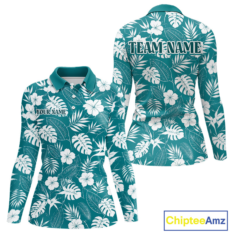 Teal long sleeve golf shirt with white floral and leaf pattern, customizable text