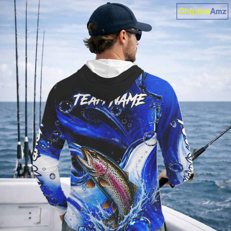 Trout Fishing Blue Camo Long Sleeve Hooded Fishing Shirt Custom Trout Fishing Jerseys For Team NBT986