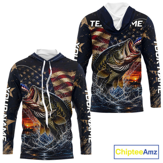 Long sleeve hooded fishing shirt American flag design on a white background
