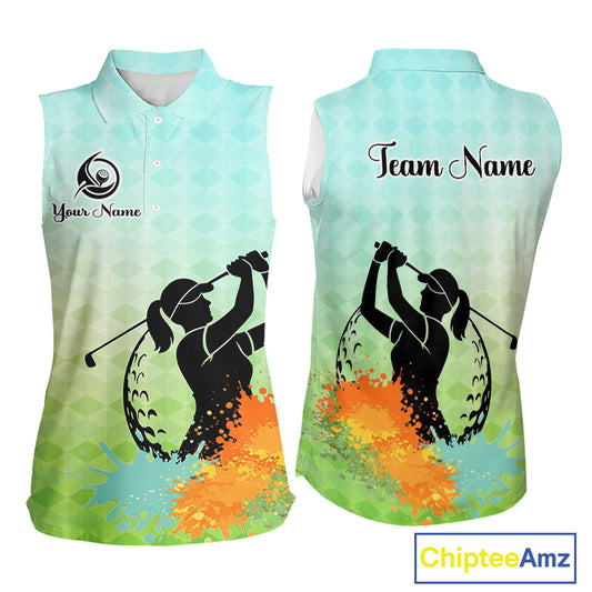 Womens Sleeveless Golf Polo Shirt Colorful Argyle Pattern Custom Name And Team Name Golf Shirt, Golfing Gifts NBT559