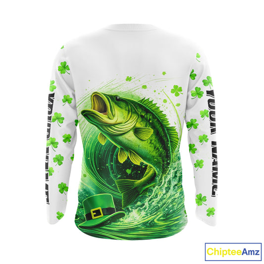 Personalized St Patrick's Day Shirts Largemouth Bass Fishing Long Sleeve, Custom Bass Fishing Jerseys NBT383