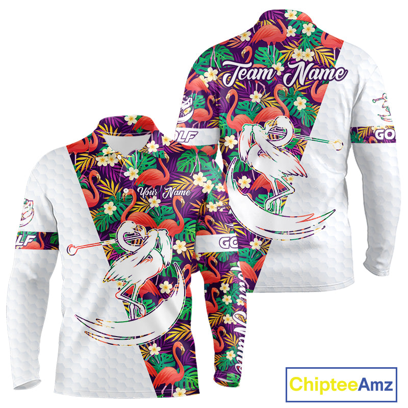 Men Golf Polo Shirts Colorful Floral Flamingo Pattern Tropical Leaves Custom Name Team Golf Shirts NBT524