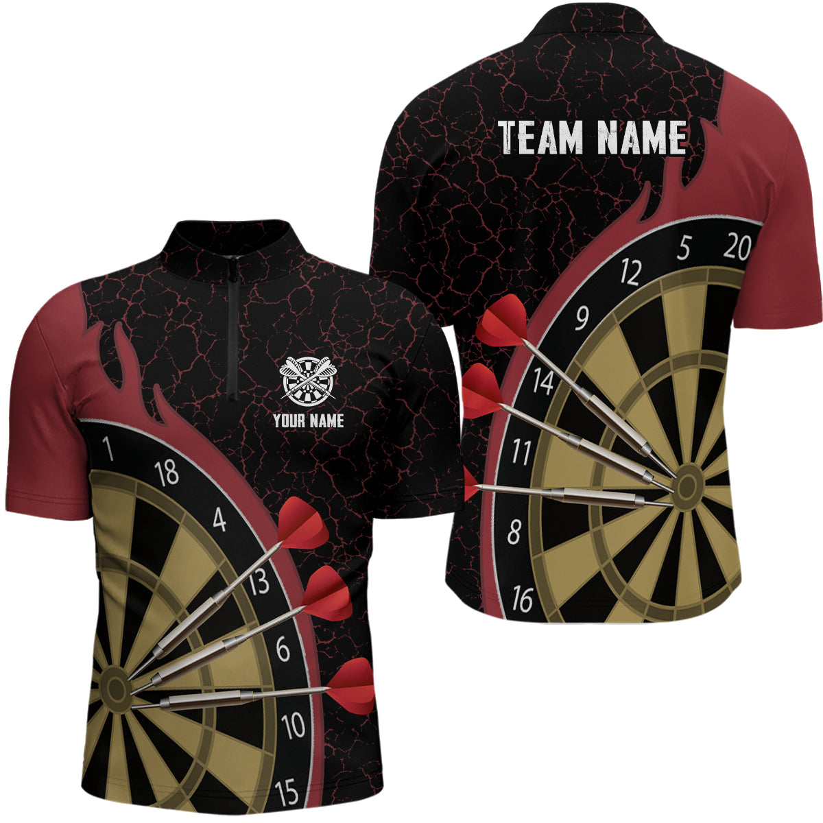 Personalized Darts Set Red Fire Flame Quarter-Zip Shirt Custom Darts Jersey For Men LDT0396