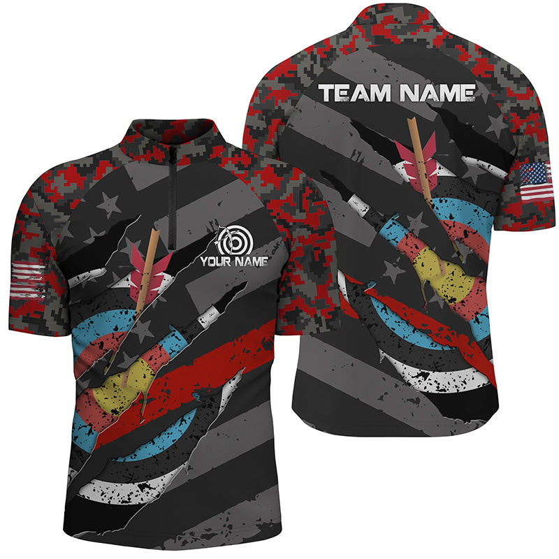 Personalized Red Retro Camo Target Archery 3D Quarter-Zip Shirts For Men, US Flag Archery Jerseys VHM0675