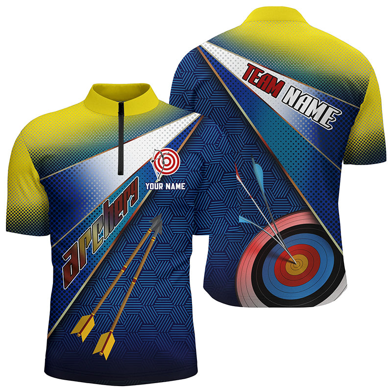Personalized Yellow Blue 3D Target Archery Quarter-Zip Shirts For Men, Arrows Archery Team Shirts VHM0658