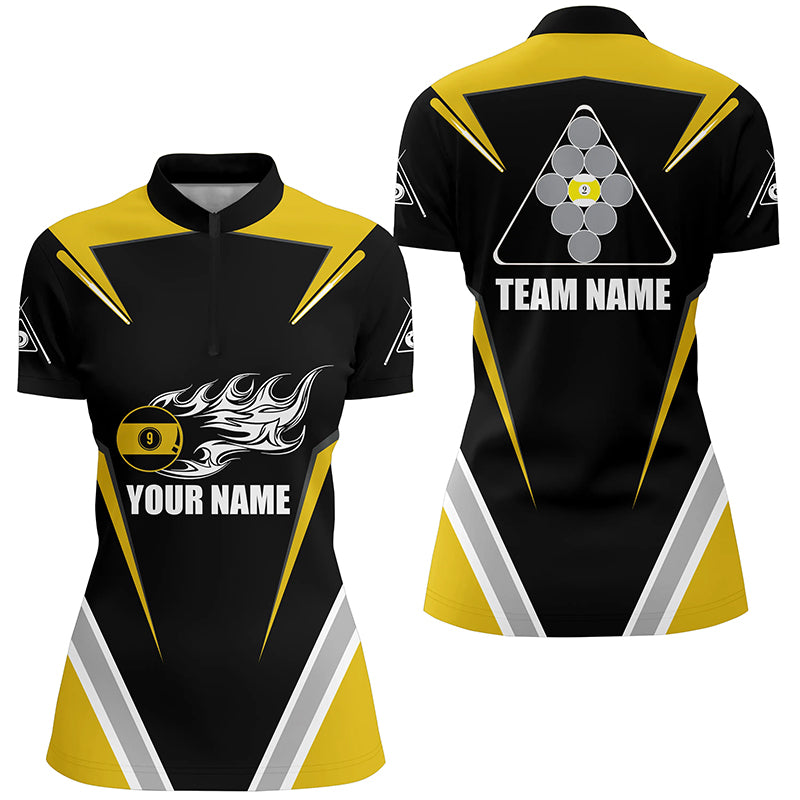 Personalized 9 Ball Pool Flame Yellow Black Billiard Quarter-Zip Shirts For Women, Billiards Jerseys VHM0474