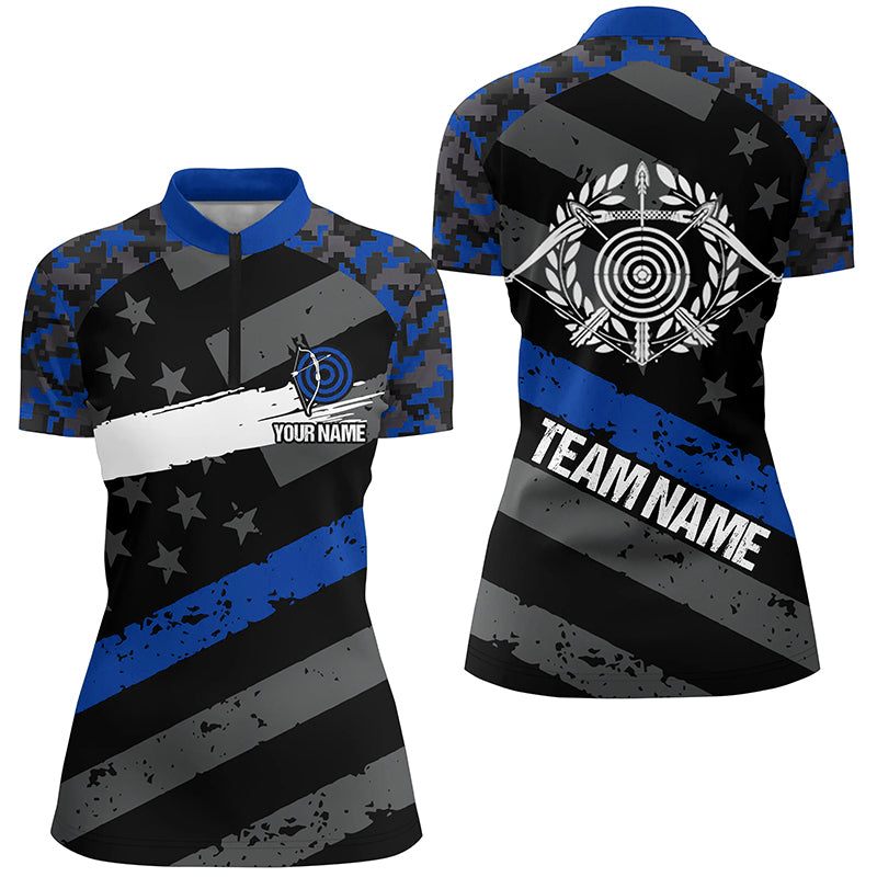 Personalized Blue Retro US Flag Archery Quarter-Zip Shirts For Women Custom 3D Target Archery Jerseys VHM0676