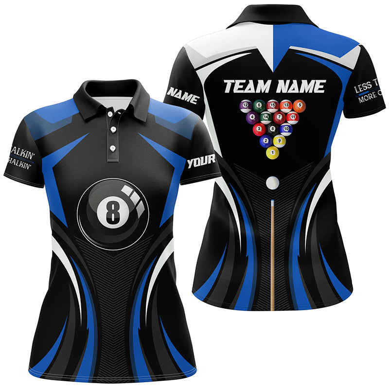 Personalized Less Talkin More Chalkin Billiard Balls Blue Polo Shirts For Women, 8 Ball Pool Jerseys VHM0520