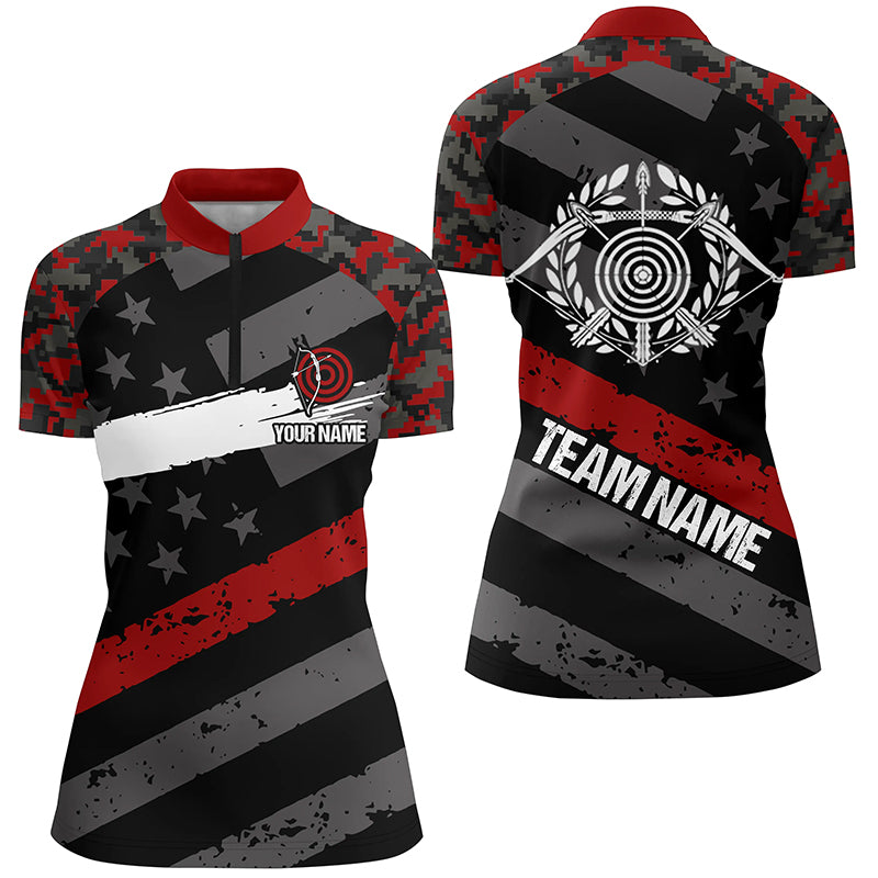 Personalized Red Retro US Flag Archery Quarter-Zip Shirts For Women Custom 3D Targets Archery Jerseys VHM0561