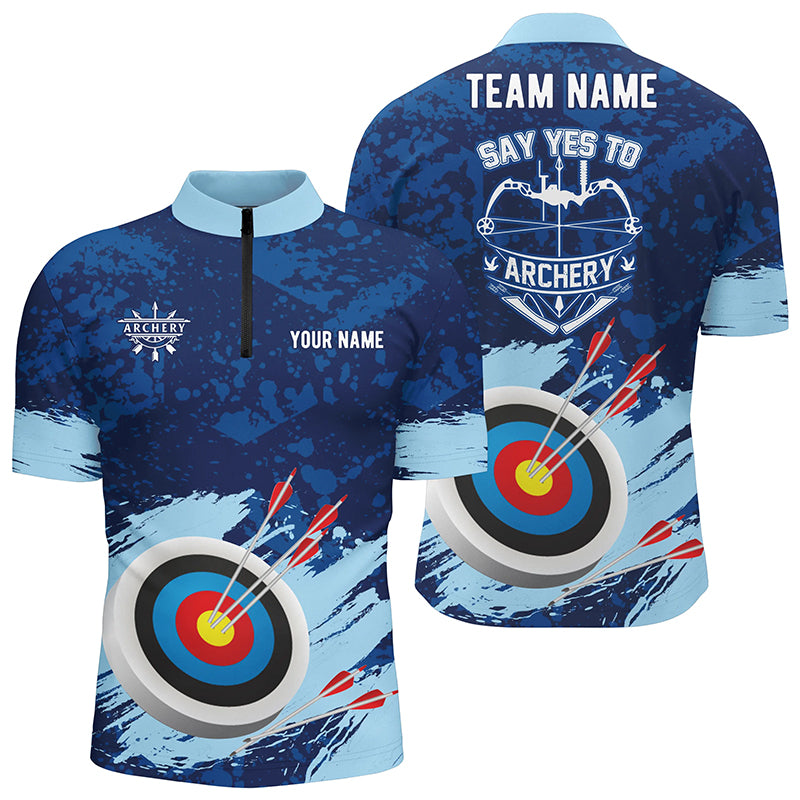 Personalized Say Yes To Archery Blue Painted 3D Quarter-Zip Shirts For Men, Target Archery Jerseys VHM0584