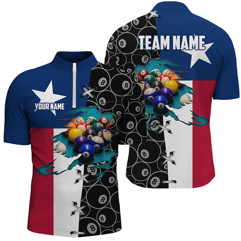 Personalized Texas Flag Billiard Quarter-Zip Shirts For Men Custom 8 Ball Pattern Pool Balls Shirts VHM0653