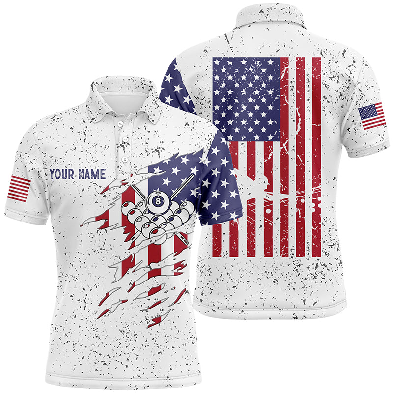 Personalized Billiard Balls US Flag White Grunge Polo Shirts For Men, Custom Billiard Pool Shirts VHM0065