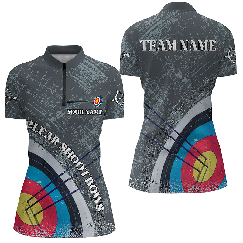 Personalized Grey 3D Target Archery Quarter-Zip Shirts For Women, Clear Shoot Bows Archery Shirts VHM0604