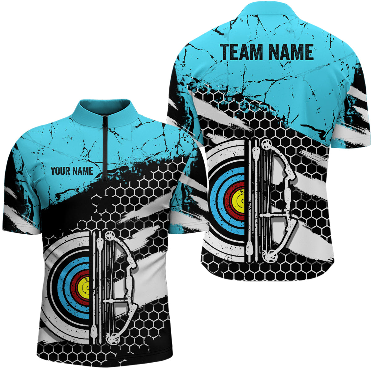 Personalized Retro Blue Black Target Archery Quarter-Zip Shirts For Men Custom Archery Team Shirts VHM0642